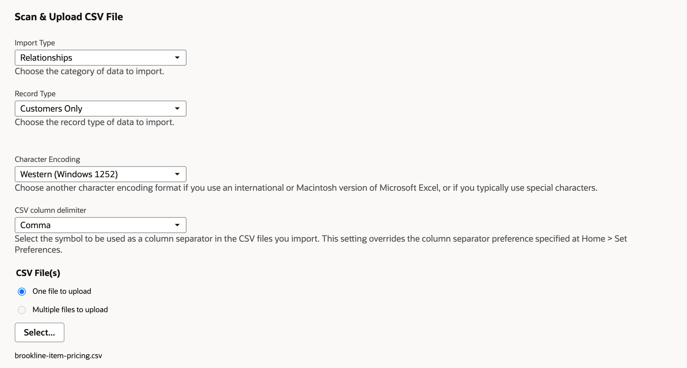 Scan & Upload CSV File with Import Type Relationships, Record Type Customers Only and the file brookline-item-pricing.csv selected.