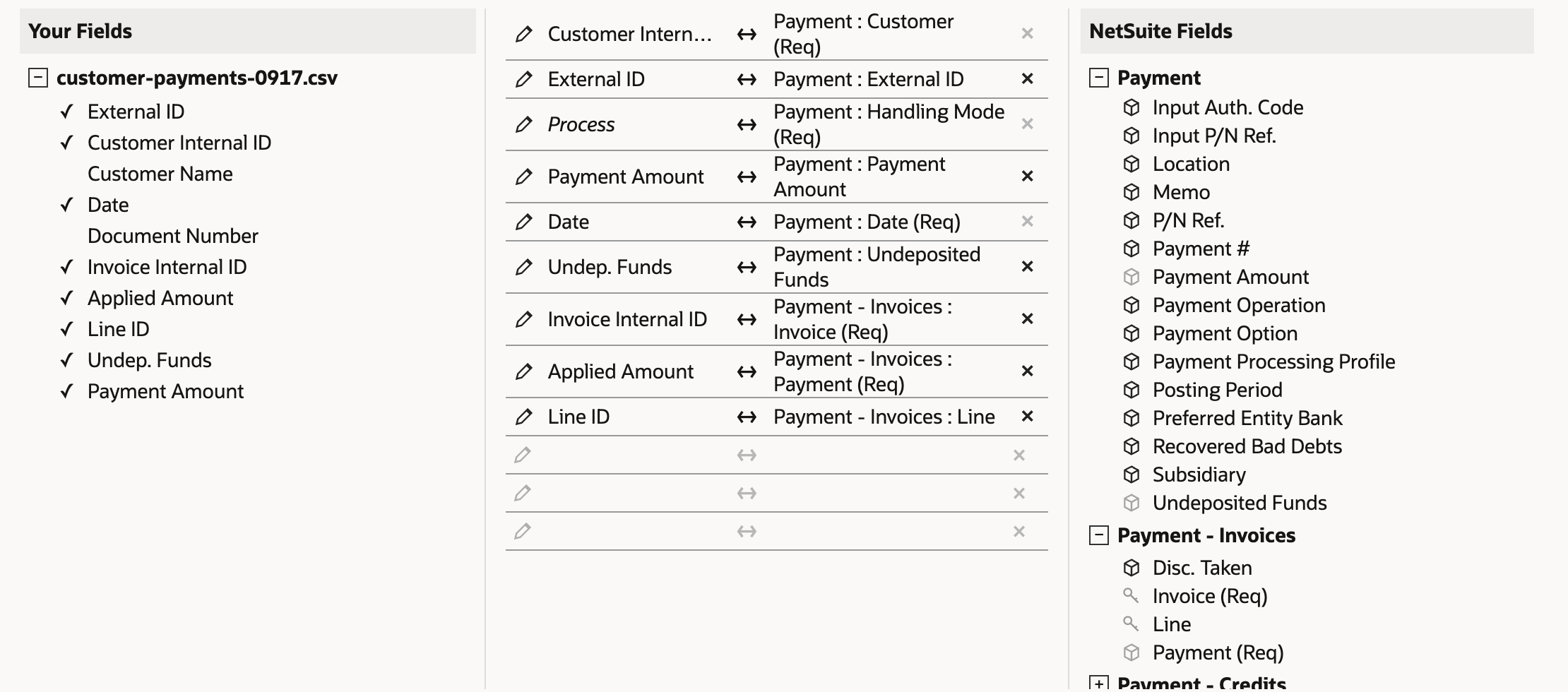 The finished field mapping, including Undep. Funds to Payment : Undeposited Funds, Invoice Internal ID to Payment - Invoices : Invoice (Req), Applied Amount to Payment - Invoices : Payment (Req) and Line ID to Payment - Invoices : Line.