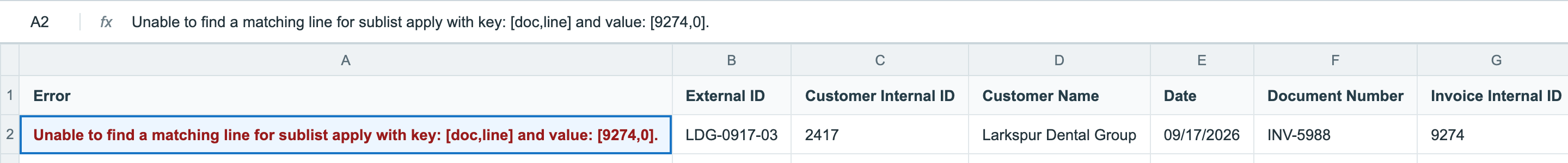 The CSV response file with one row: Error Unable to find a matching line for sublist apply with key: [doc,line] and value: [9274,0], External ID LDG-0917-03, customer 2417, Document Number INV-5988 and Invoice Internal ID 9274.