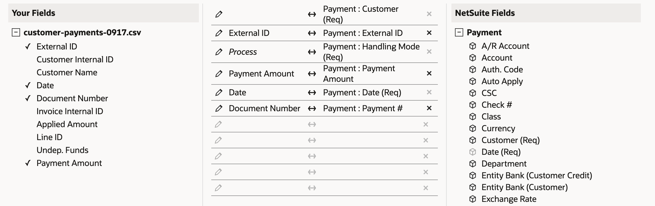 The proposed field mapping with Payment : Customer (Req) empty and, marked by a red arrow, Document Number mapped to Payment : Payment #.
