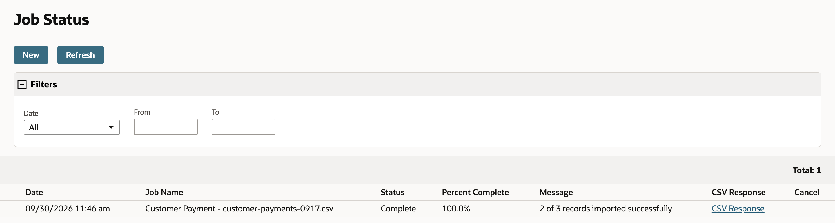 Job Status with one job, Customer Payment - customer-payments-0917.csv, Status Complete, 100.0%, Message 2 of 3 records imported successfully, and a CSV Response link.