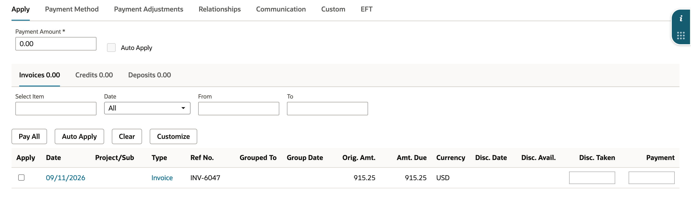 The Invoices list on the Apply subtab with one open invoice left, INV-6047 dated 09/11/2026, Amt. Due 915.25.