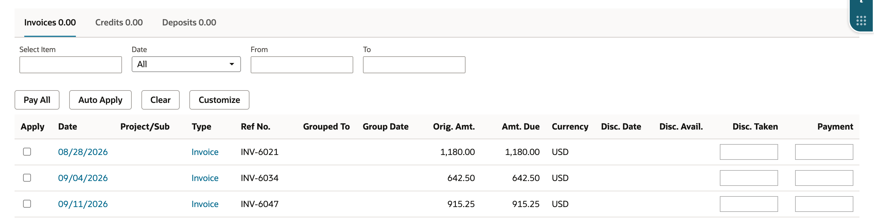 The Invoices list on the Apply subtab with three open invoices: INV-6021 Amt. Due 1,180.00, INV-6034 642.50 and INV-6047 915.25.
