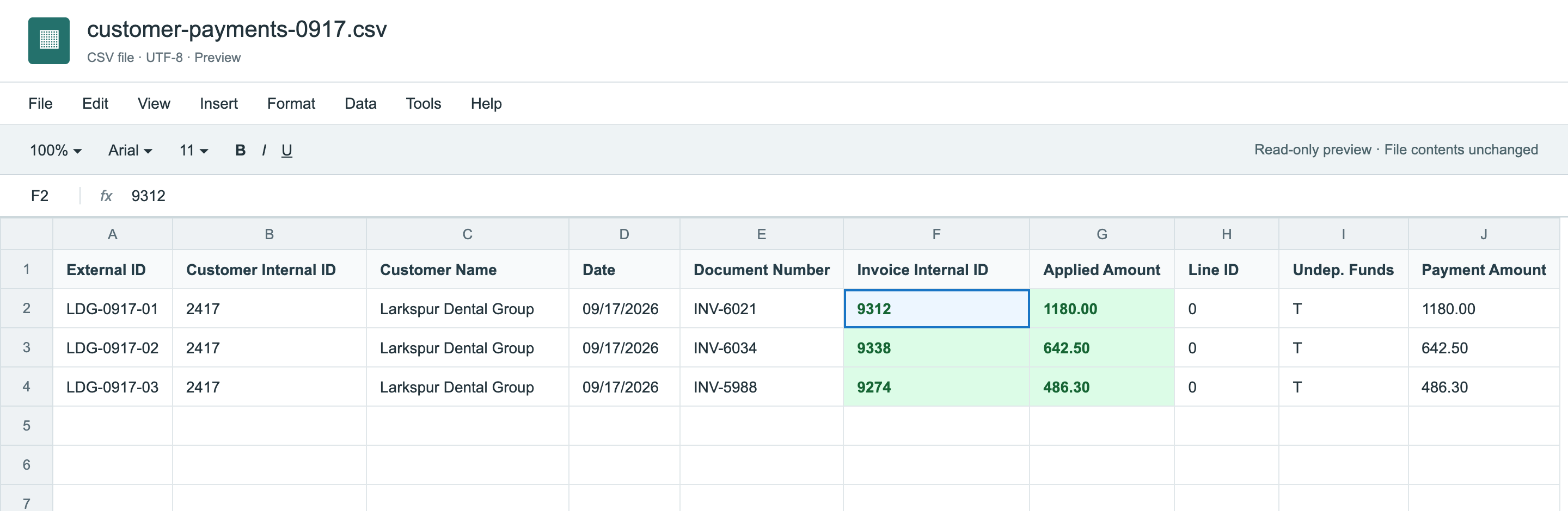 The CSV file customer-payments-0917.csv with three rows, External IDs LDG-0917-01 to LDG-0917-03, Invoice Internal IDs 9312, 9338 and 9274, and Applied Amounts 1180.00, 642.50 and 486.30. A red arrow points to INV-5988 on the third row.