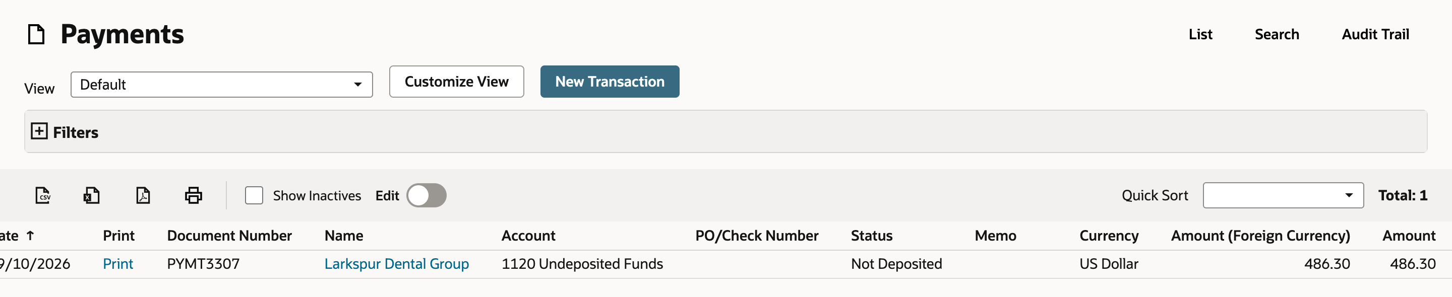 The Payments list with one payment, PYMT3307 for Larkspur Dental Group, 486.30 to 1120 Undeposited Funds, status Not Deposited.