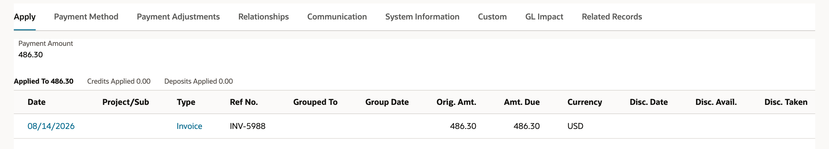 The Apply subtab of payment PYMT3307 with Payment Amount 486.30, Applied To 486.30 and one line, invoice INV-5988 for 486.30.