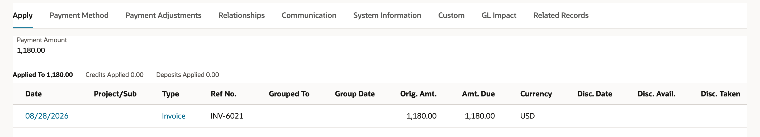 The Apply subtab of payment PYMT3308 with Payment Amount 1,180.00, Applied To 1,180.00 and one line, invoice INV-6021 for 1,180.00.