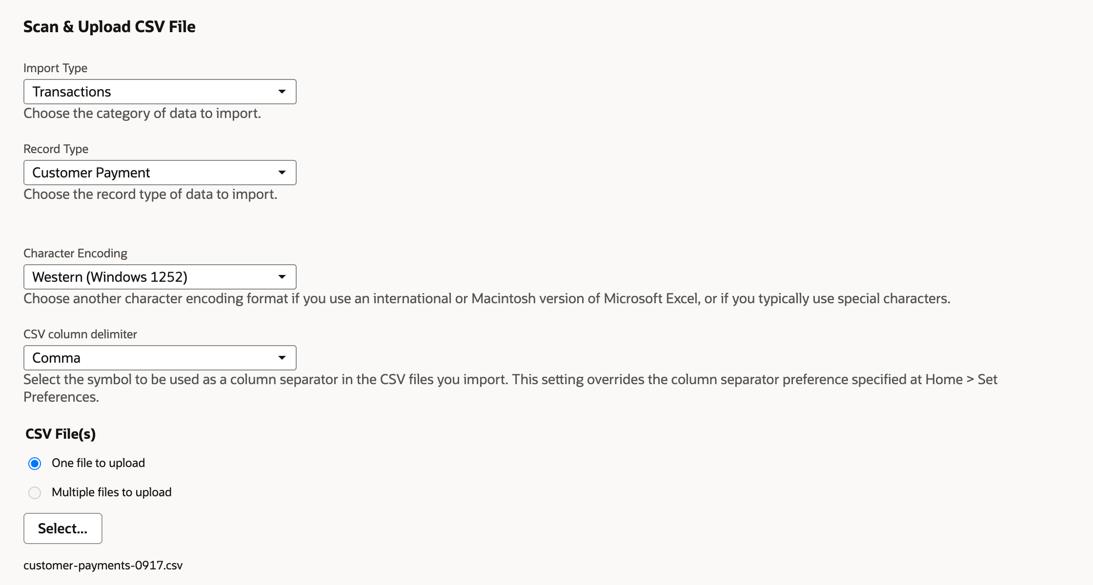 Scan & Upload CSV File in the Import Assistant with Import Type Transactions, Record Type Customer Payment and the file customer-payments-0917.csv selected.