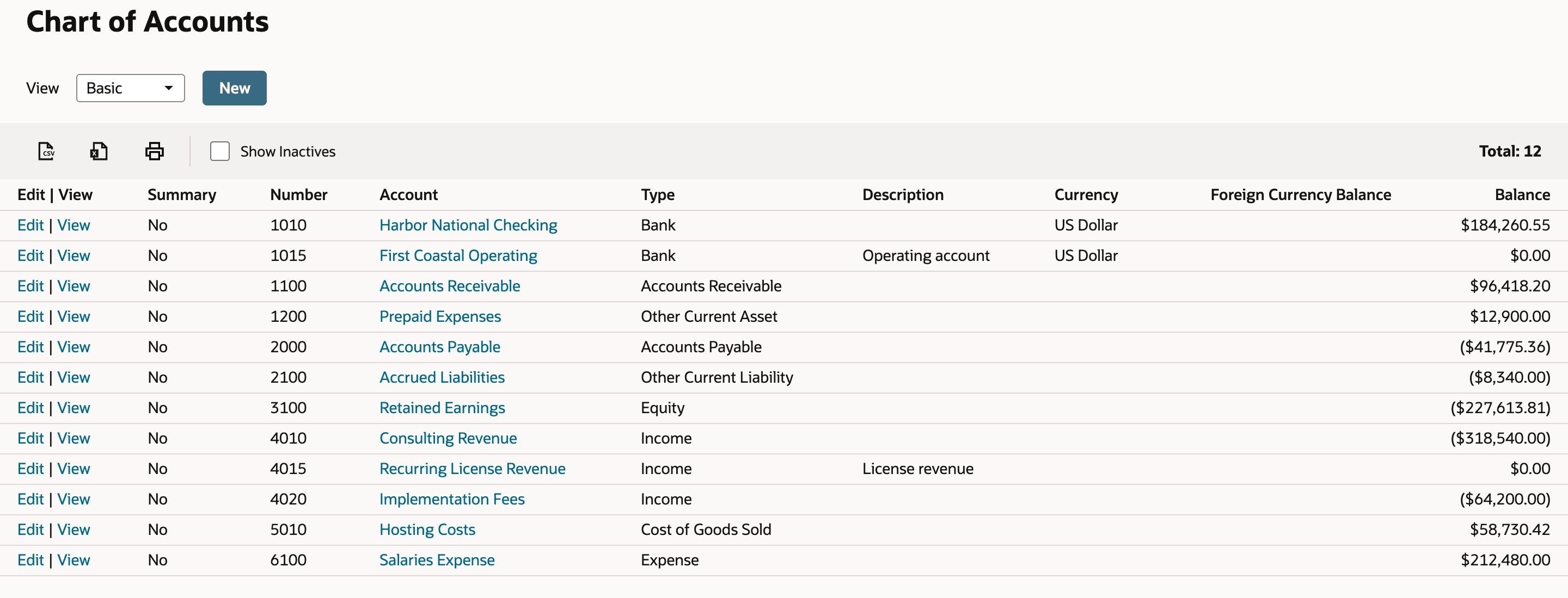 Chart of Accounts list with 12 accounts, now including 1015 First Coastal Operating (Bank, US Dollar) after 1010 and 4015 Recurring License Revenue (Income) after 4010.