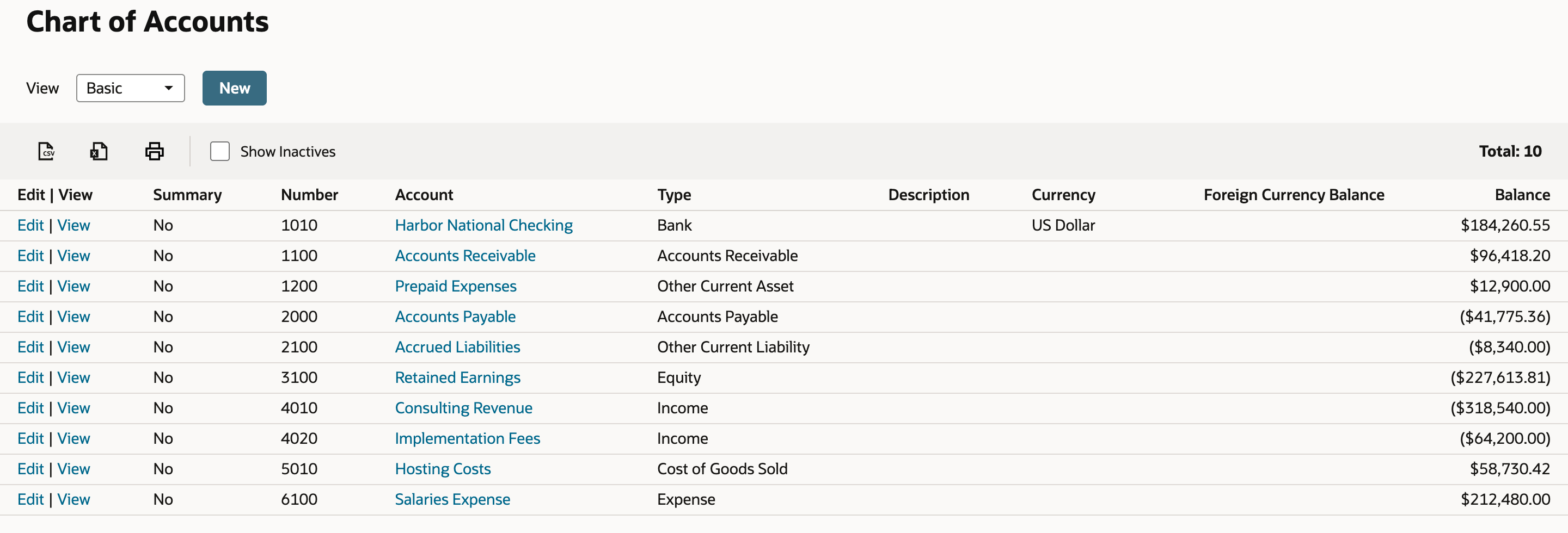 Chart of Accounts list with 10 accounts: bank account 1010 Harbor National Checking, income accounts 4010 Consulting Revenue and 4020 Implementation Fees, and no 1015 or 4015.