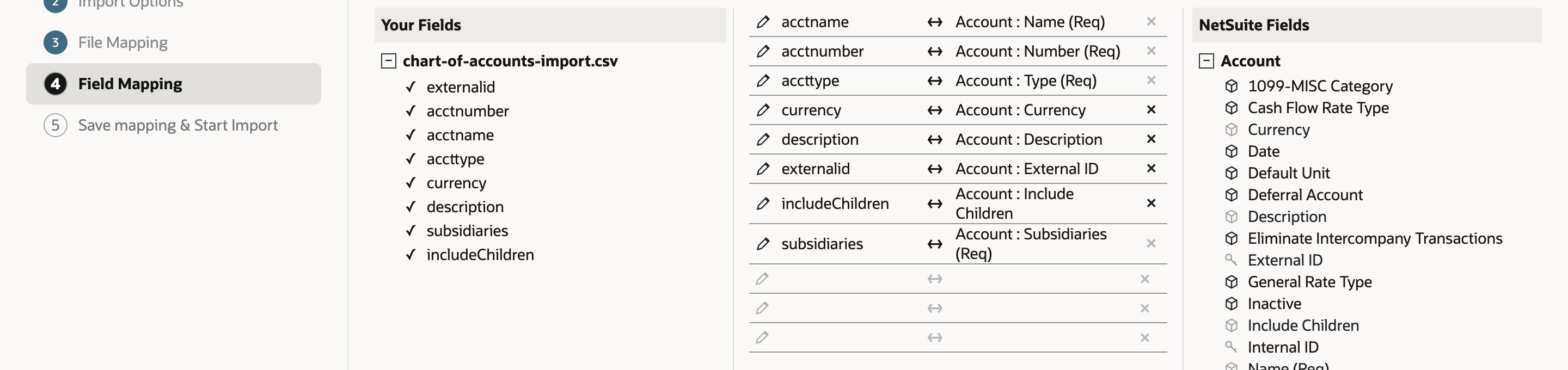Field Mapping with acctname, acctnumber, accttype and subsidiaries mapped to the (Req) fields Account : Name, Number, Type and Subsidiaries, and a red arrow pointing at the pencil on the subsidiaries row.