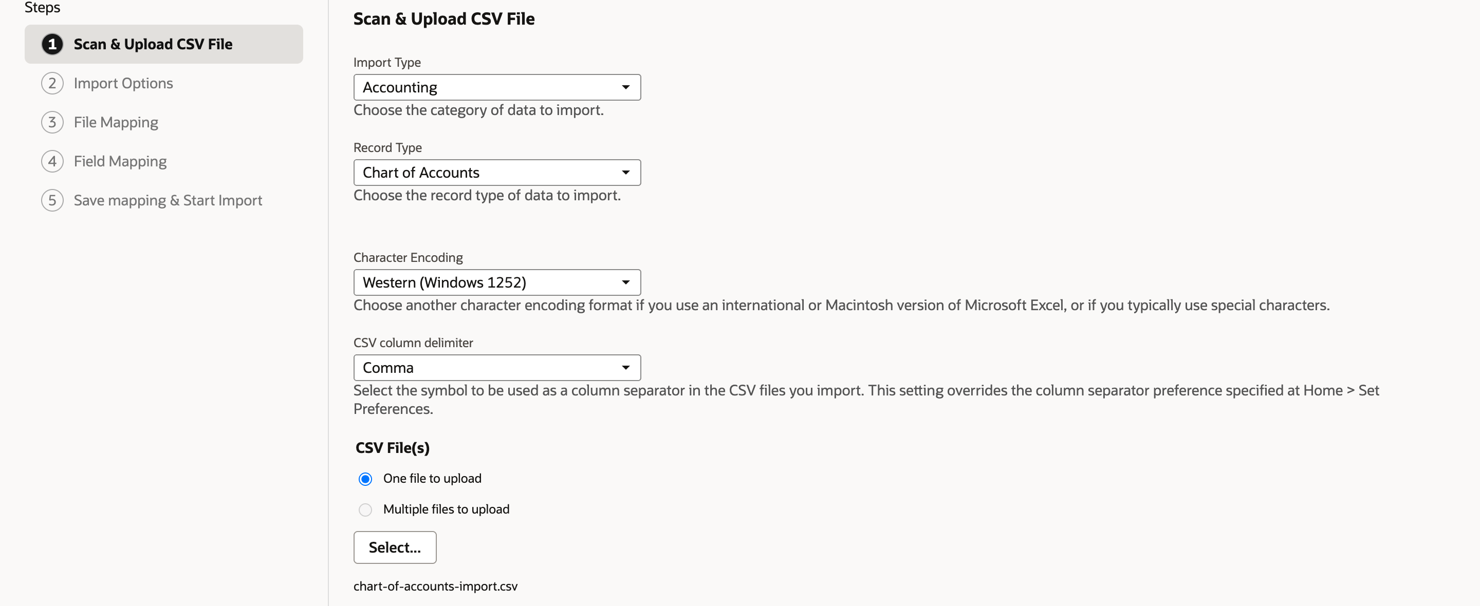 Import Assistant, Scan & Upload CSV File, with Import Type Accounting, Record Type Chart of Accounts, One file to upload selected, and chart-of-accounts-import.csv chosen.