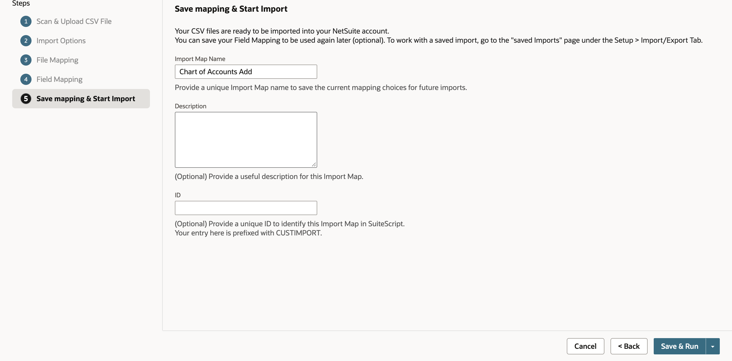 Save mapping & Start Import with Import Map Name Chart of Accounts Add and a red arrow pointing at the Save & Run button.