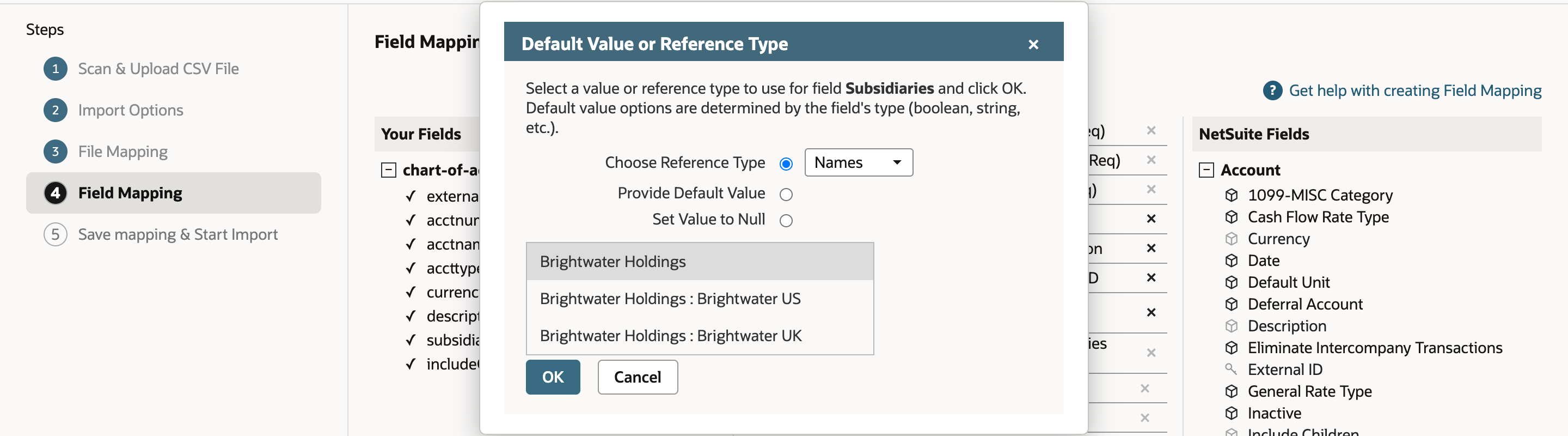 Default Value or Reference Type dialog for the Subsidiaries field with Choose Reference Type selected, Names chosen in the dropdown with a red arrow pointing at it, and the subsidiary names listed below.