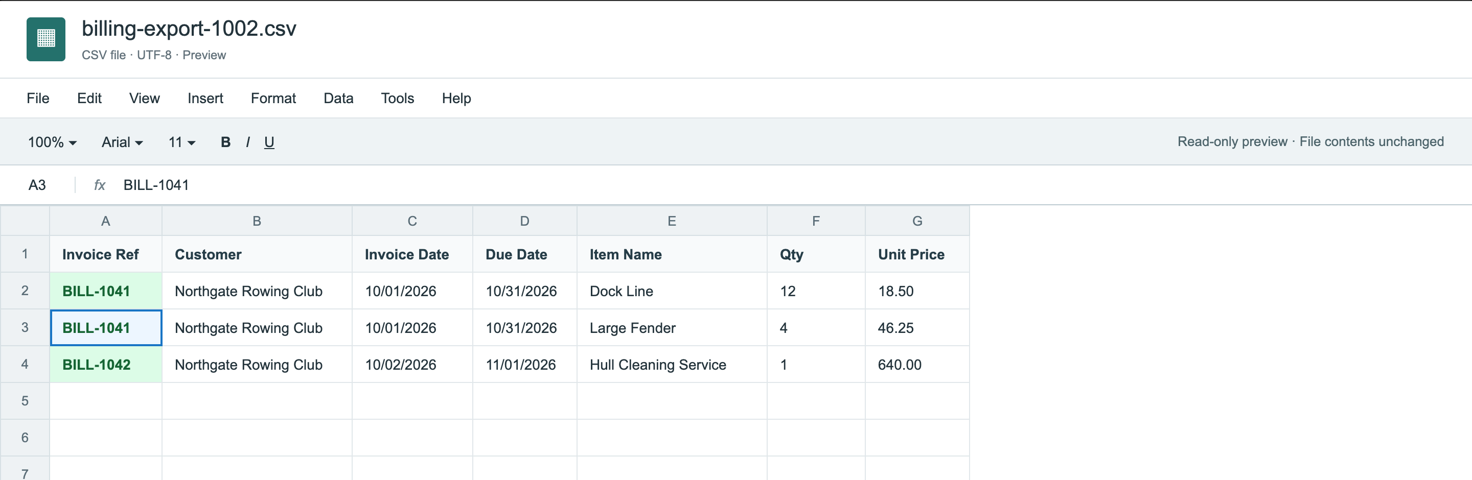 The CSV file billing-export-1002.csv with three rows: two rows for BILL-1041 (Dock Line, quantity 12, 18.50 and Large Fender, quantity 4, 46.25) and one row for BILL-1042 (Hull Cleaning Service, quantity 1, 640.00), all for Northgate Rowing Club.