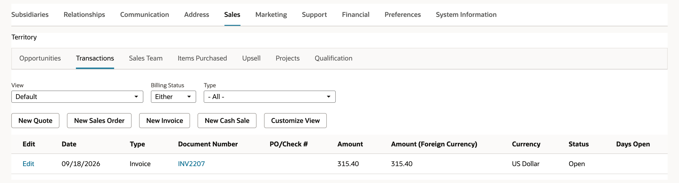 The Sales > Transactions subtab of Northgate Rowing Club with one row: invoice INV2207 dated 09/18/2026, Amount 315.40, US Dollar, Status Open.