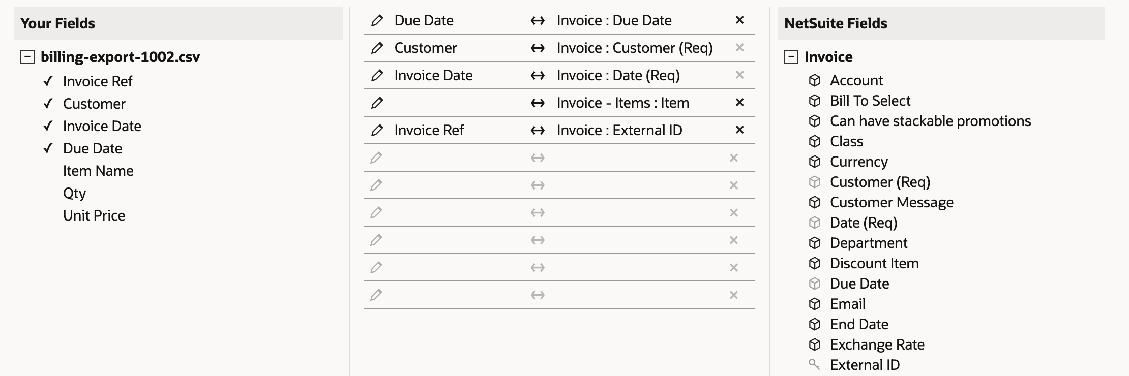 Field Mapping with Invoice Date mapped to Invoice : Date (Req) and Invoice Ref mapped to Invoice : External ID, below the Due Date and Customer rows and the empty Invoice - Items : Item row.