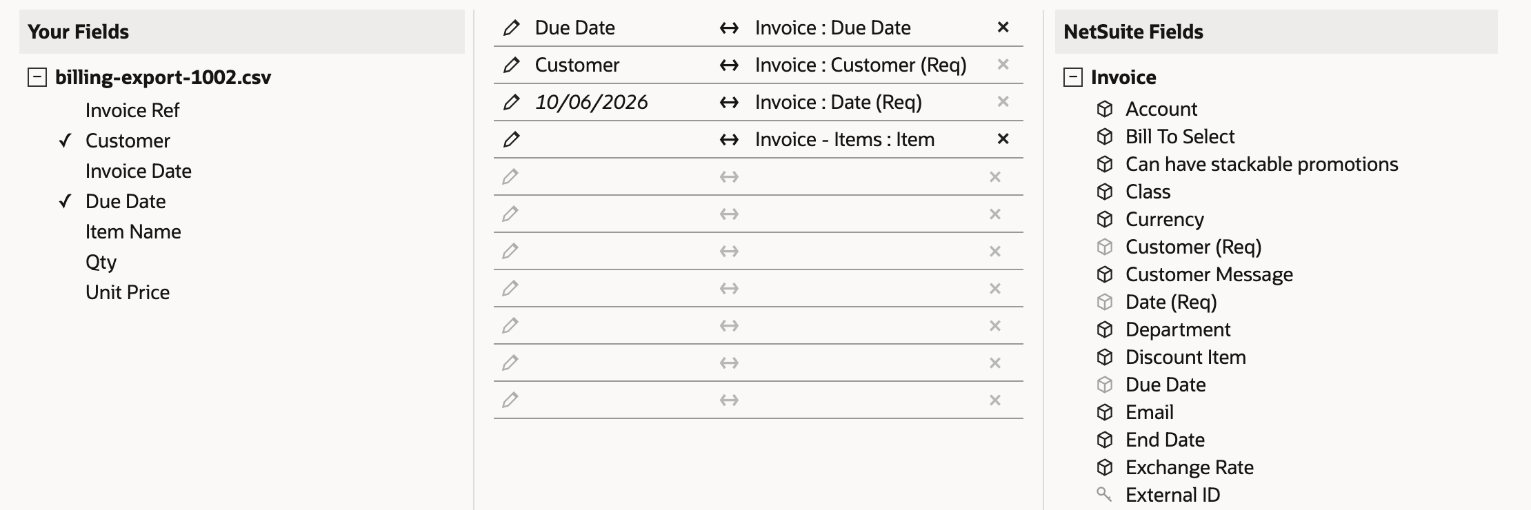 Field Mapping as proposed: Due Date to Invoice : Due Date, Customer to Invoice : Customer (Req), a proposed date 10/06/2026 in italics on Invoice : Date (Req), and an empty Invoice - Items : Item row. A red arrow points to the proposed date.