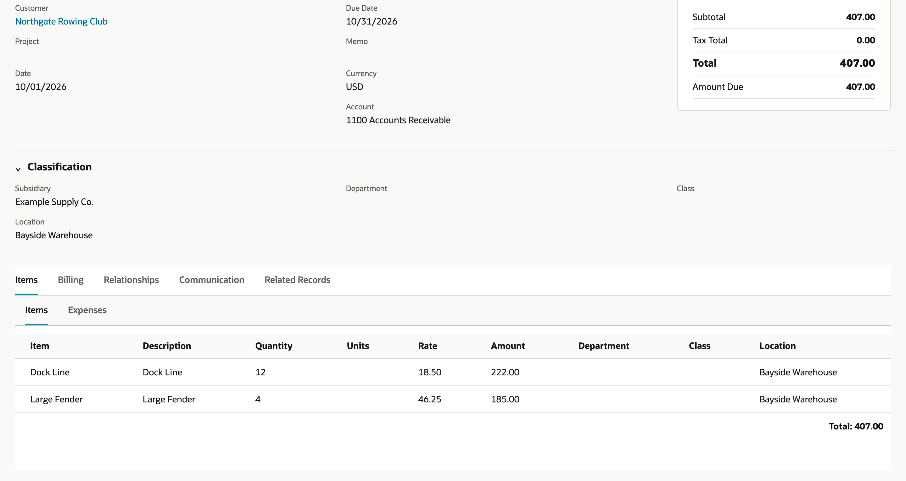 The imported invoice for Northgate Rowing Club dated 10/01/2026, due 10/31/2026, with Items lines Dock Line quantity 12 rate 18.50 amount 222.00 and Large Fender quantity 4 rate 46.25 amount 185.00, and Total 407.00 in the summary.