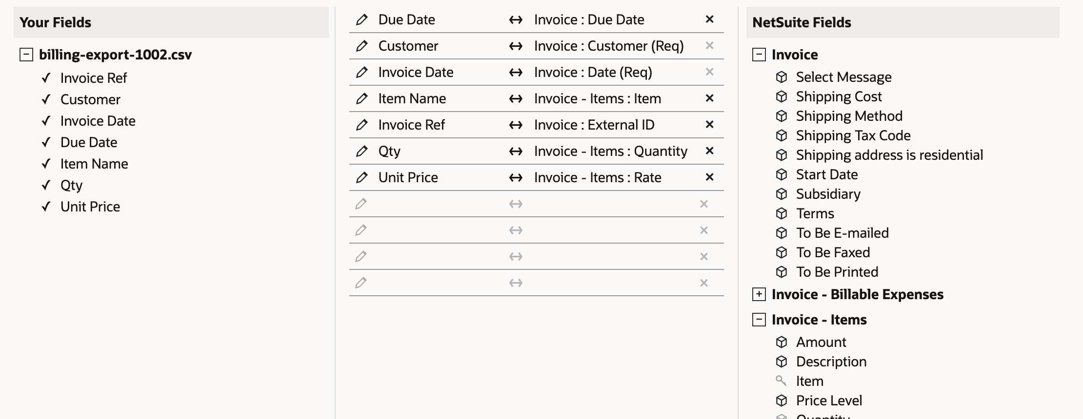 Field Mapping with every column mapped: Due Date, Customer, Invoice Date, Item Name to Invoice - Items : Item, Invoice Ref to Invoice : External ID, Qty to Invoice - Items : Quantity and Unit Price to Invoice - Items : Rate, with the Invoice - Items group open under NetSuite Fields.