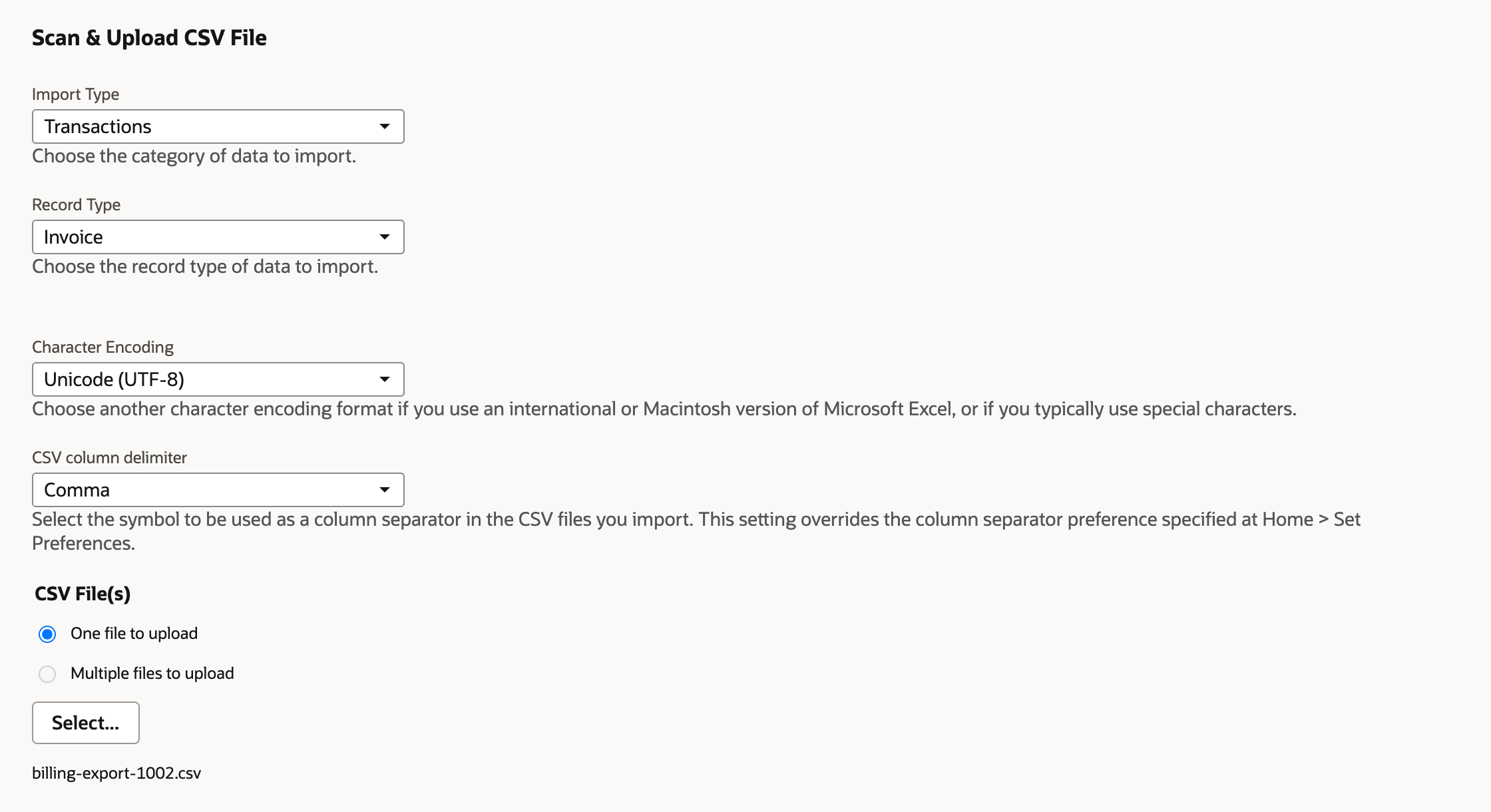 Scan & Upload CSV File in the Import Assistant with Import Type Transactions, Record Type Invoice, Character Encoding Unicode (UTF-8), delimiter Comma and the file billing-export-1002.csv selected.