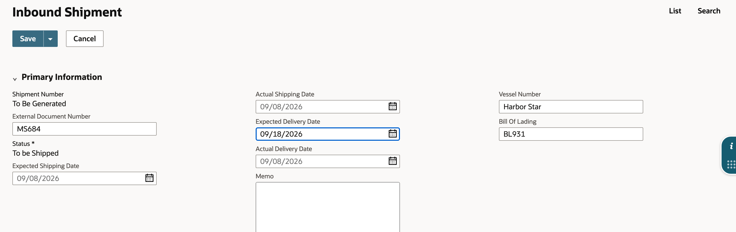 The shipment header contains the notice reference, vessel and expected arrival.