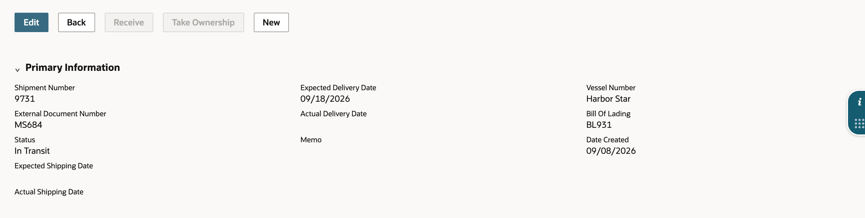 Shipment 9731 is saved with In Transit status.