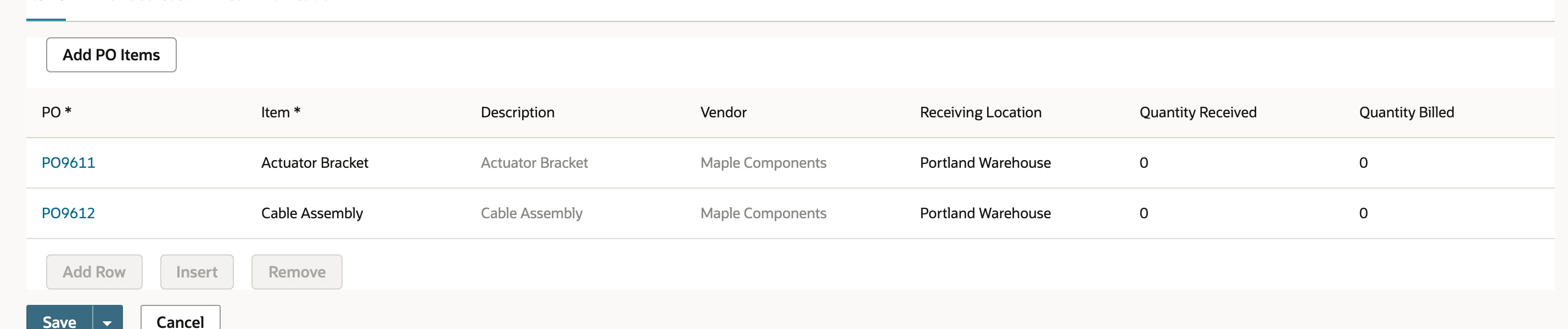 The shipment contains both original PO relationships before saving.