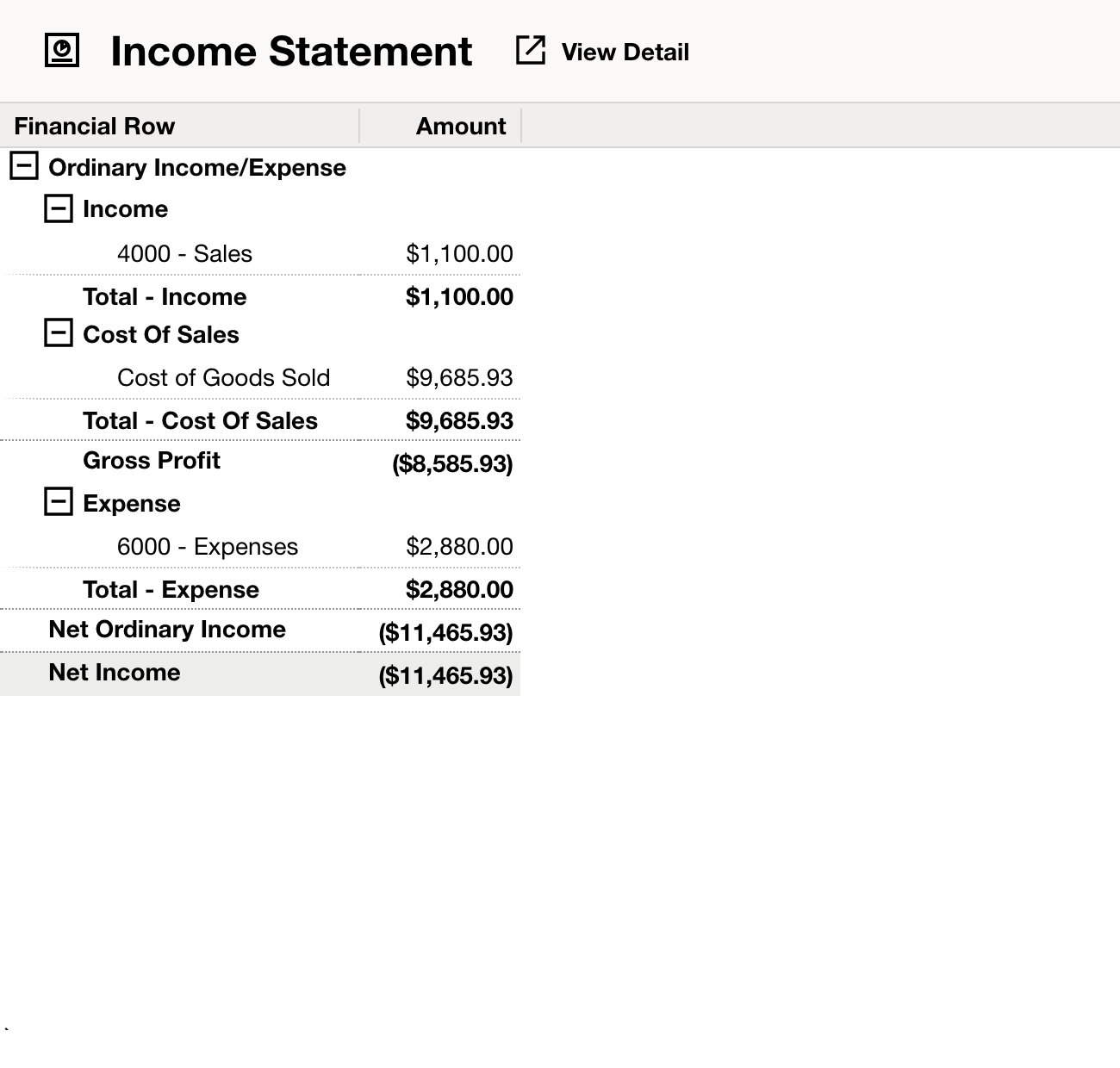 NetSuite: Read the net result together with the income and expense rows above it.