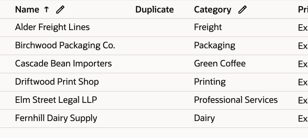 The Vendors list in edit mode. Birchwood Packaging Co. shows Packaging, Driftwood Print Shop shows Printing and Fernhill Dairy Supply shows Dairy, next to Freight, Green Coffee and Professional Services for the other three vendors.