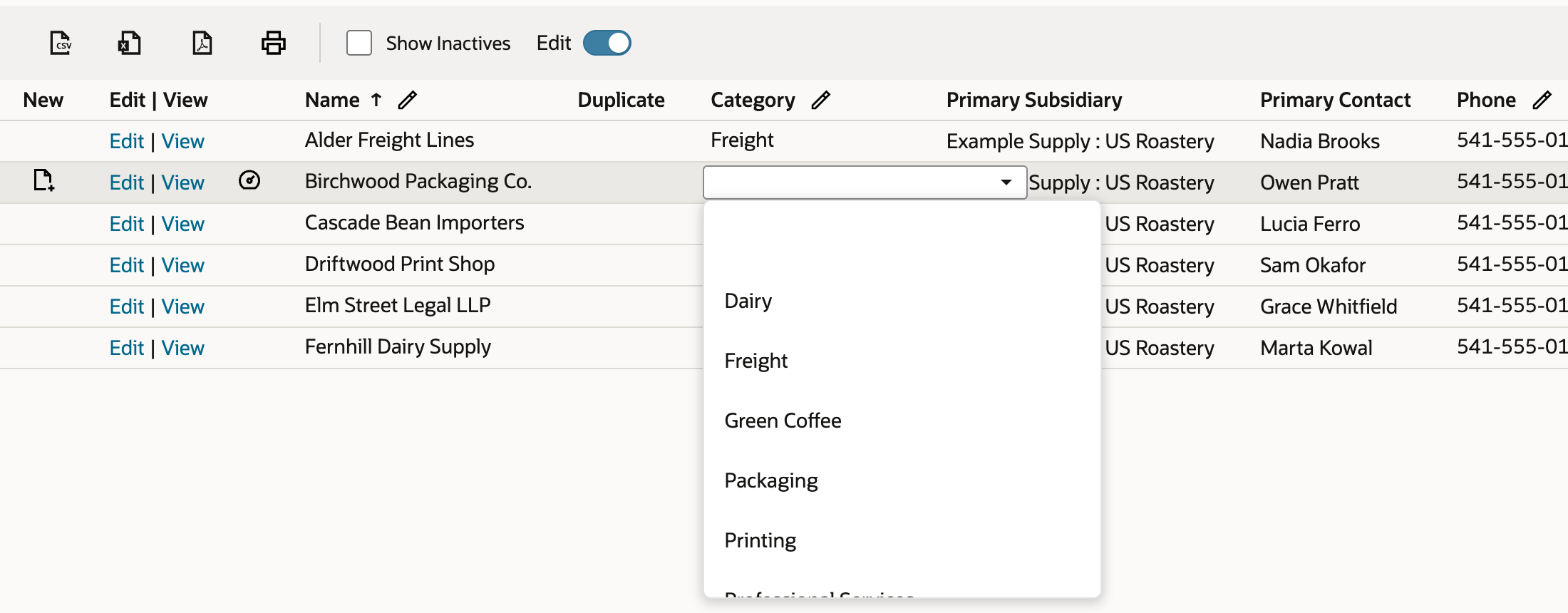 Birchwood Packaging Co.'s Category cell is now a dropdown field with its list open, showing Dairy, Freight, Green Coffee, Packaging and Printing.
