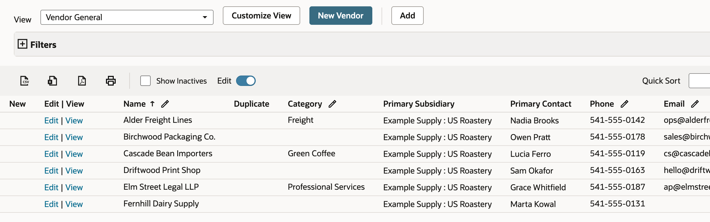The Vendors list with the Edit switch on and an Add button next to New Vendor. Pencil icons sit on the Name, Category, Phone and Email headings. Primary Subsidiary and Primary Contact have none, and vendor names are plain text. An arrow points to the Edit switch.