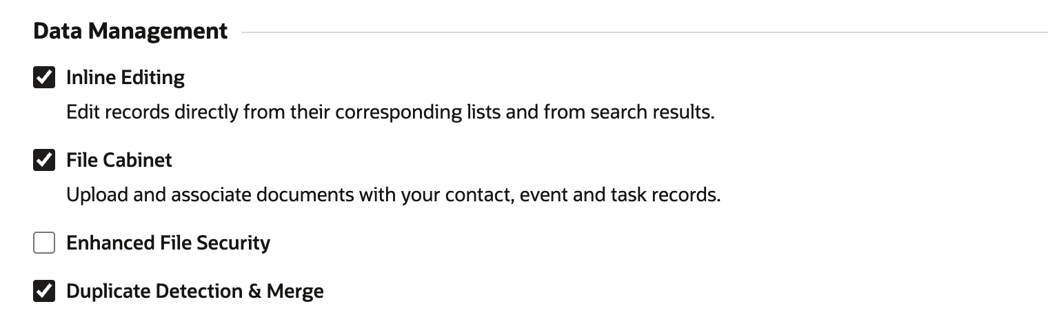 The Data Management section on the Company subtab of Enable Features. Inline Editing is checked, with the description Edit records directly from their corresponding lists and from search results. File Cabinet and Duplicate Detection & Merge are also checked, and Enhanced File Security is not. An arrow points to Inline Editing.