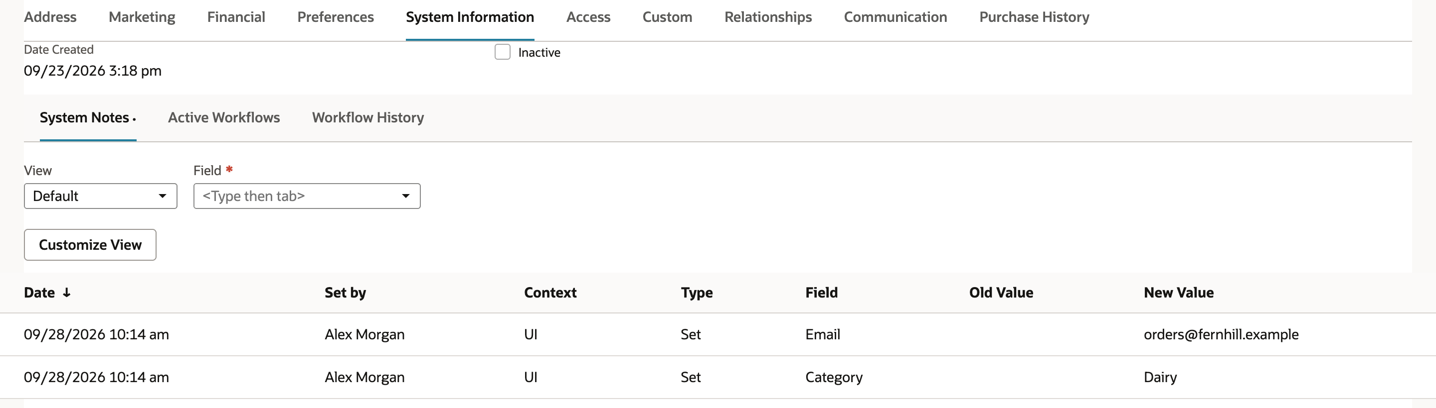 System Information subtab with System Notes open. Two rows dated 09/28/2026 10:14 am, both Set by Alex Morgan with Context UI and Type Set. Field Email has a blank Old Value and New Value orders@fernhill.example. Field Category has a blank Old Value and New Value Dairy.