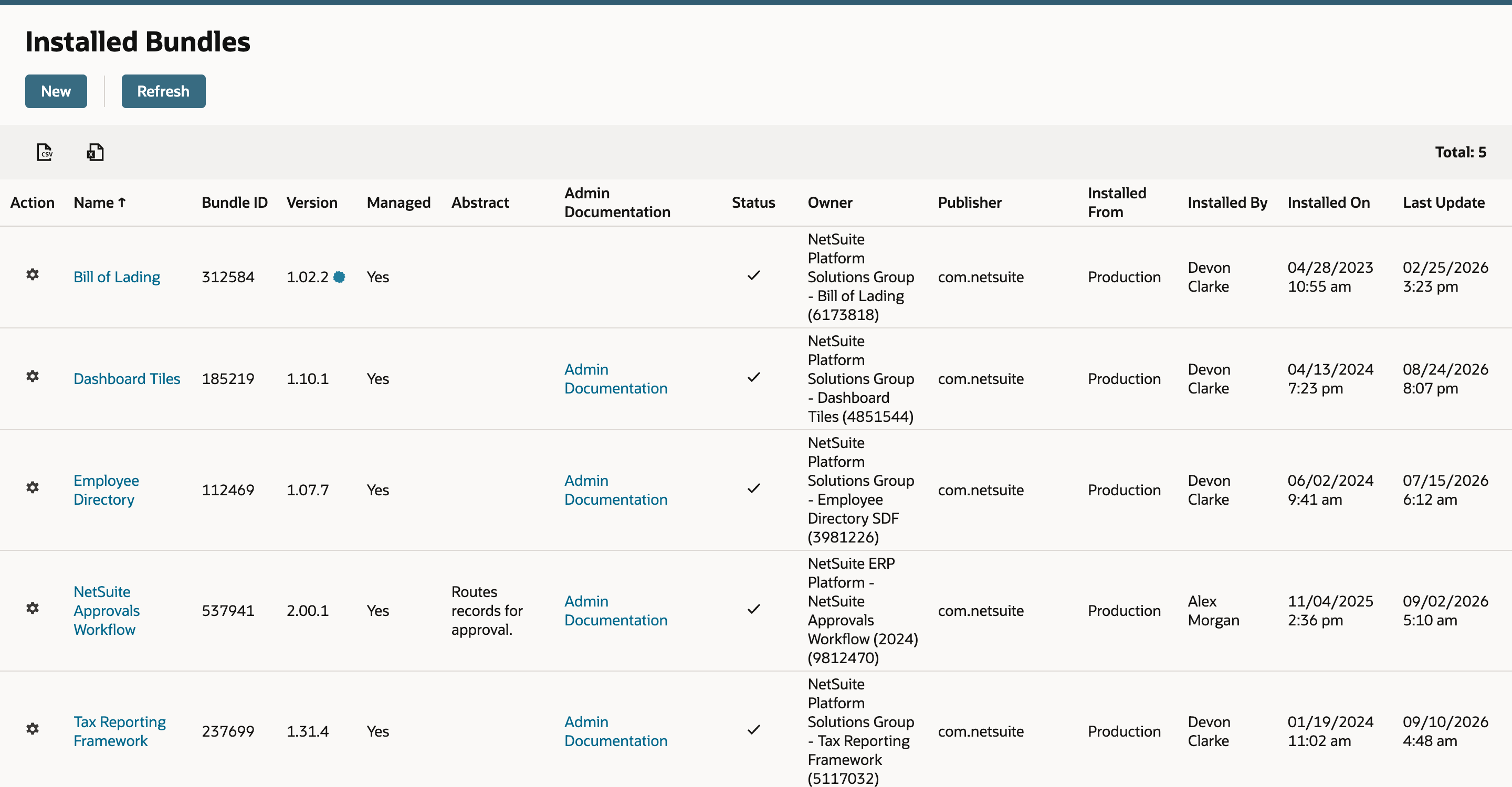 Installed Bundles with New and Refresh buttons and Total: 5, listing Bill of Lading, Dashboard Tiles, Employee Directory, NetSuite Approvals Workflow and Tax Reporting Framework, each with a check mark in Status.