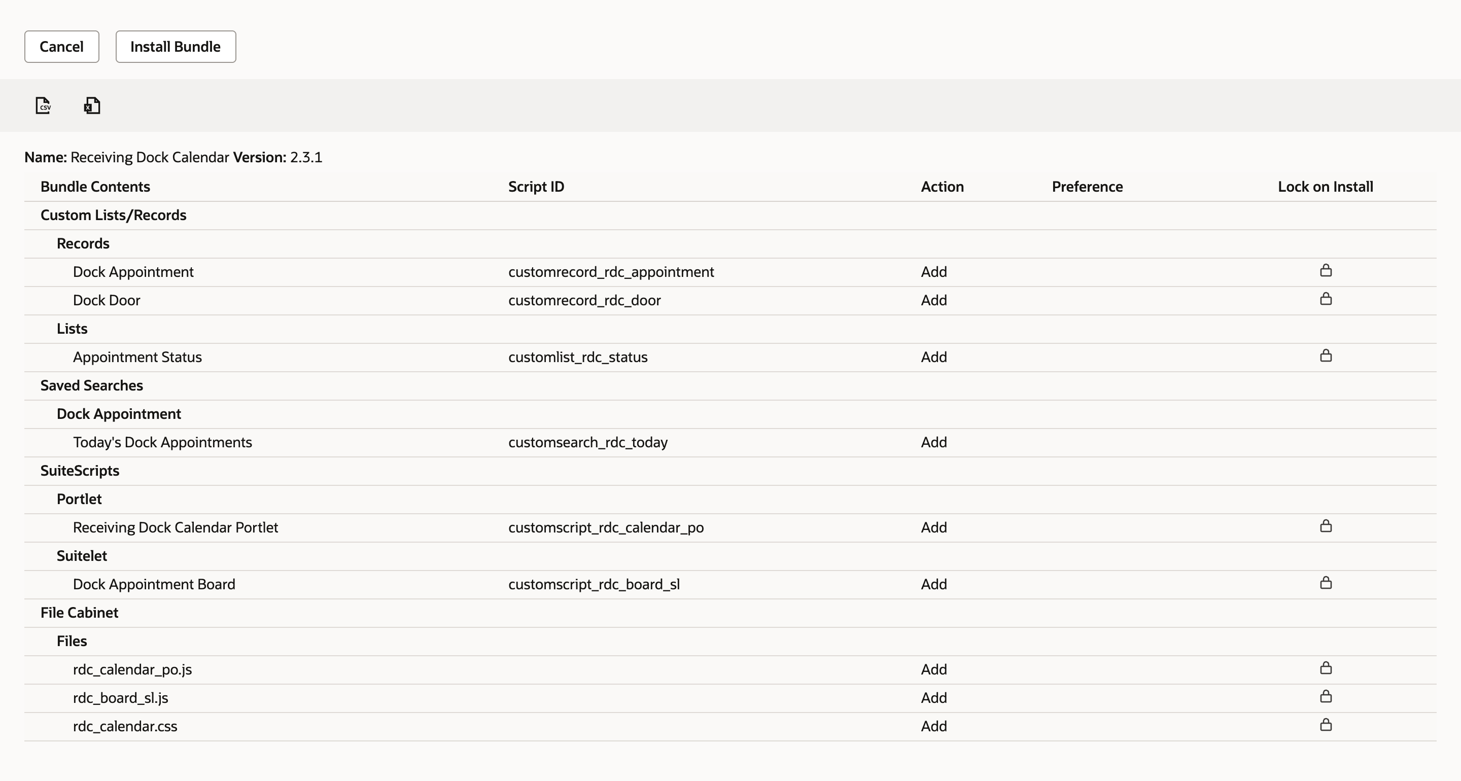 Preview Bundle Install for Receiving Dock Calendar version 2.3.1 with Cancel and Install Bundle buttons, listing the Dock Appointment and Dock Door records, the Appointment Status list, a saved search, a portlet, a Suitelet and three files, each with Action Add.