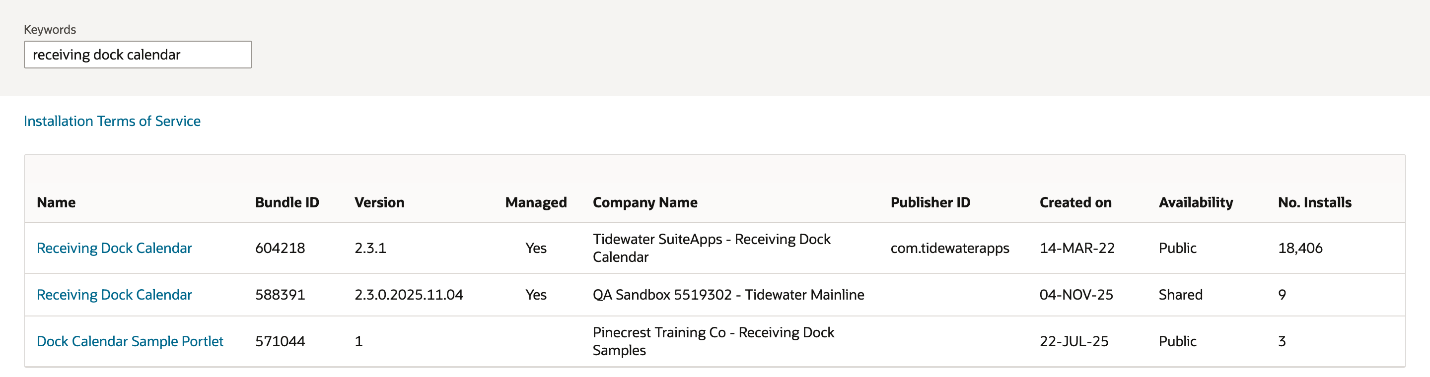 Search & Install Bundles results for receiving dock calendar: Receiving Dock Calendar 604218 from Tidewater SuiteApps, Public, 18,406 installs; Receiving Dock Calendar 588391 from QA Sandbox 5519302 - Tidewater Mainline, Shared, 9 installs; and Dock Calendar Sample Portlet 571044.