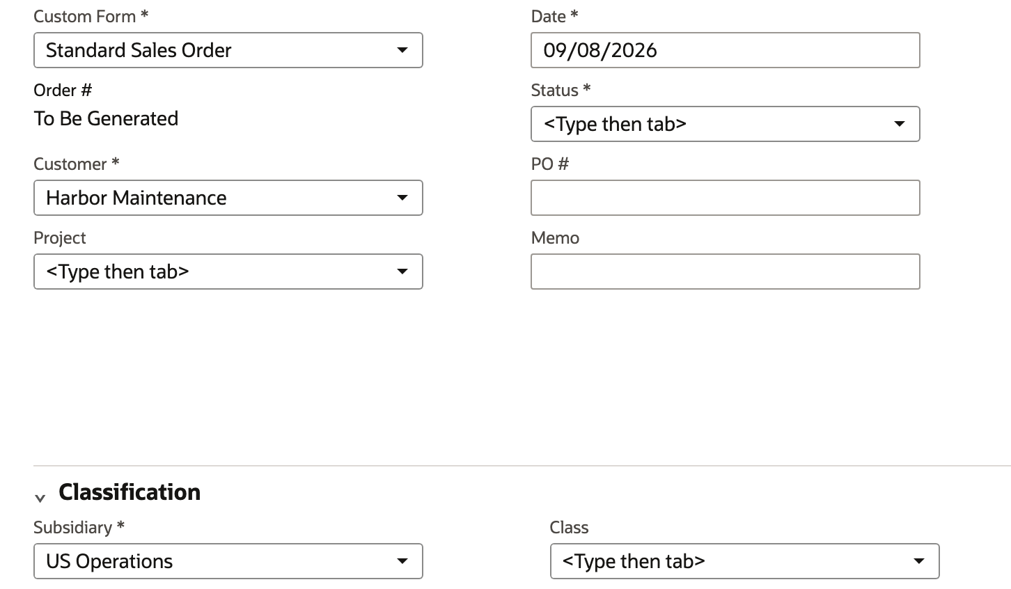 Sales Order draft with the customer selected and the Items sublist still empty.