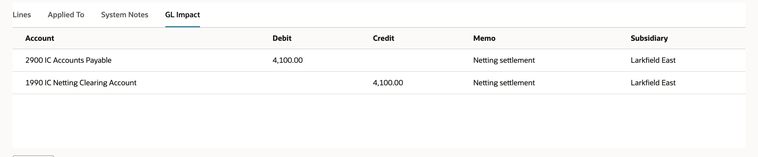 NetSuite Netting Settlement 17 GL Impact debiting 2900 IC Accounts Payable 4,100.00 and crediting 1990 IC Netting Clearing Account 4,100.00