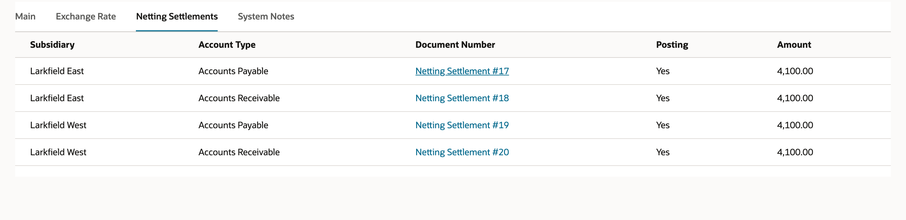 NetSuite Netting Statement 5 approved, Netting Settlements subtab listing settlements 17 to 20 for Larkfield East and Larkfield West