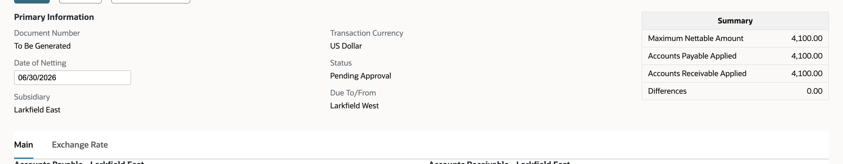 NetSuite Netting Workbench summary after Suggest Netting: Maximum Nettable Amount 4,100.00, Accounts Payable Applied 4,100.00, Accounts Receivable Applied 4,100.00, Differences 0.00