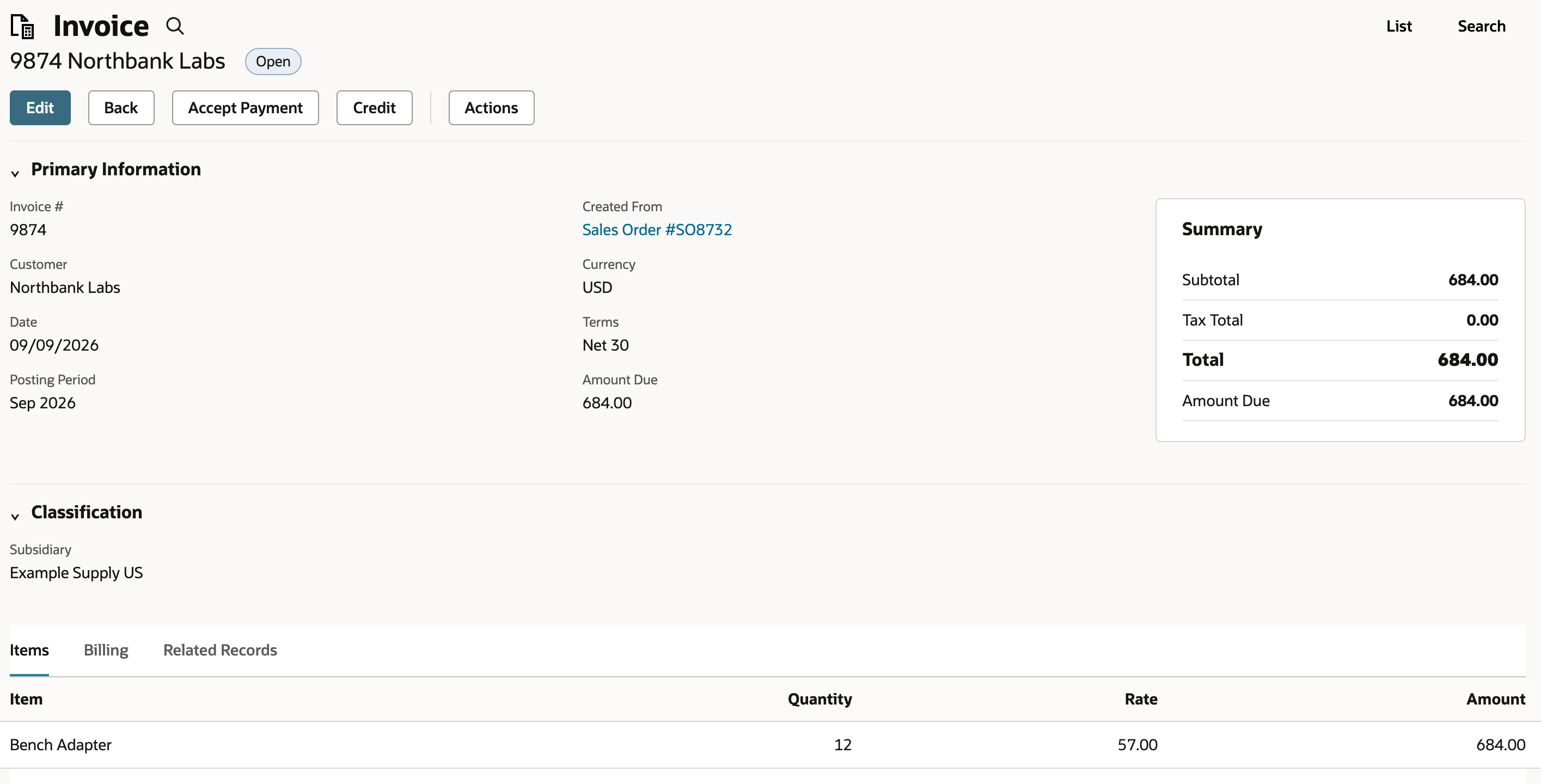 Invoice 9874 Northbank Labs, Open, Created From Sales Order #SO8732, Date 09/09/2026, Posting Period Sep 2026, Summary total 684.00 and a Bench Adapter line of 12 at 57.00