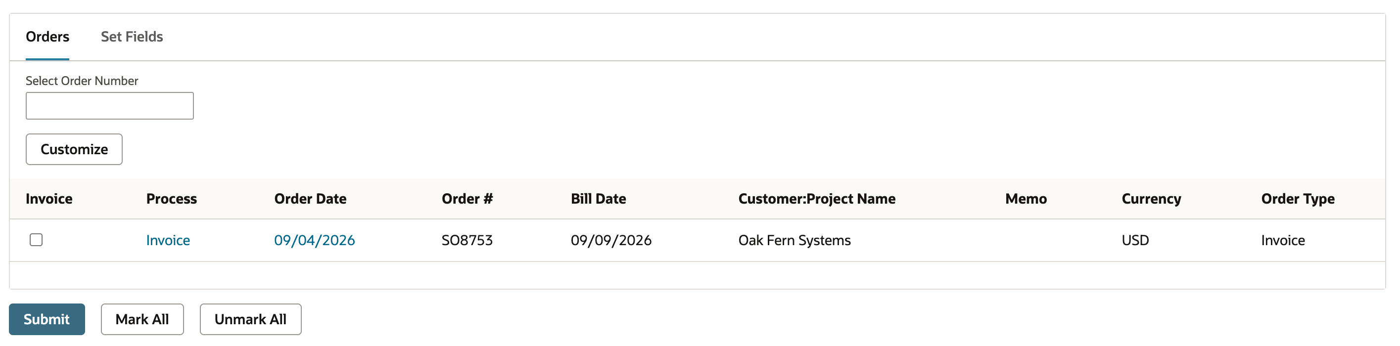 Invoice Sales Orders Orders list after the batch with only SO8753 Oak Fern Systems remaining