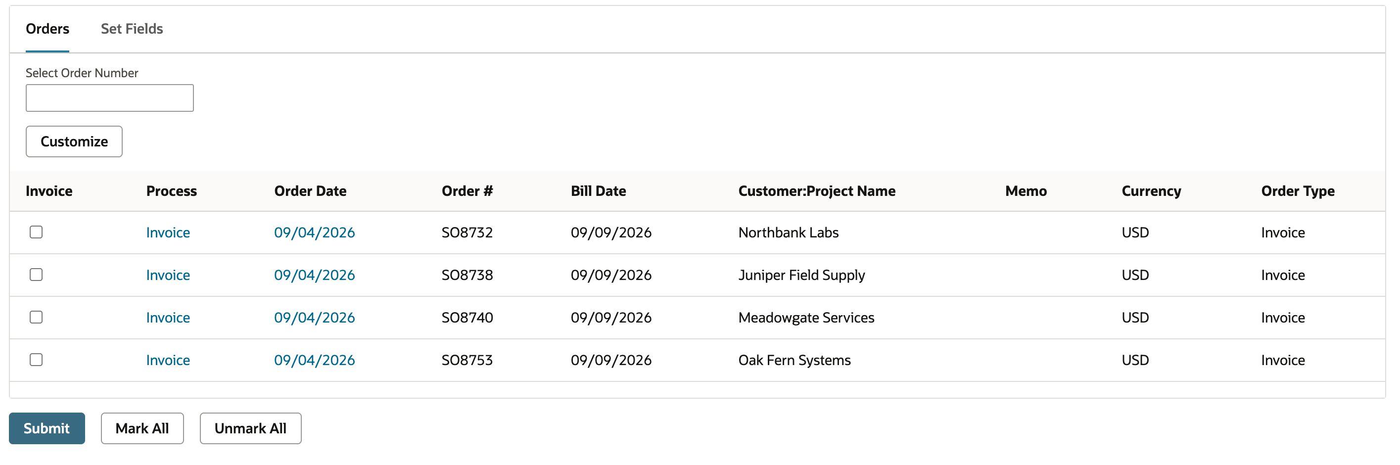 Invoice Sales Orders Orders list with four unchecked orders SO8732, SO8738, SO8740 and SO8753, each with Order Type Invoice