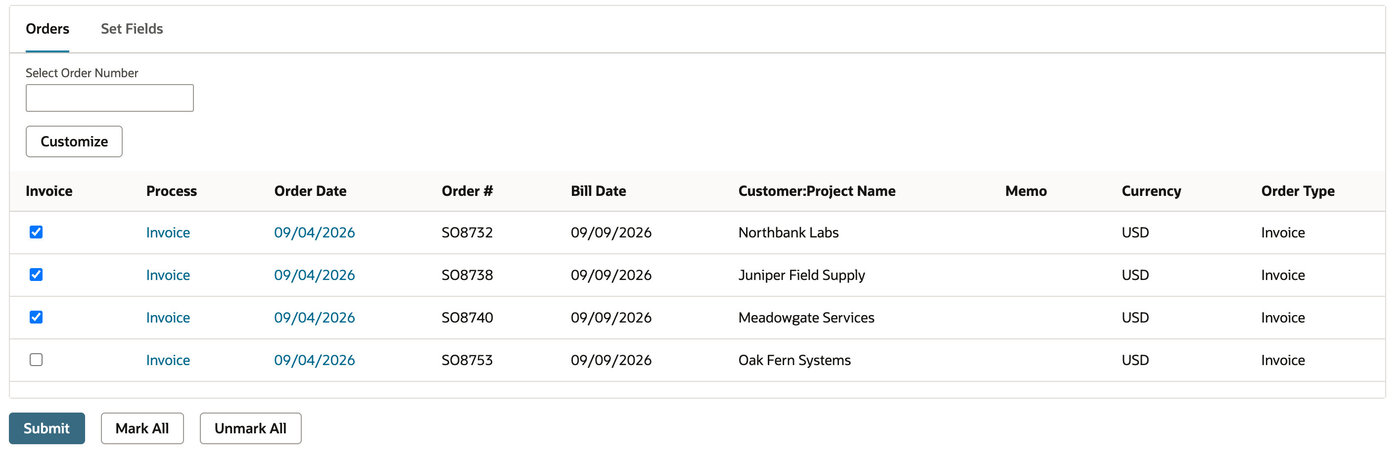 Orders list with SO8732, SO8738 and SO8740 checked and SO8753 unchecked, above the Submit button
