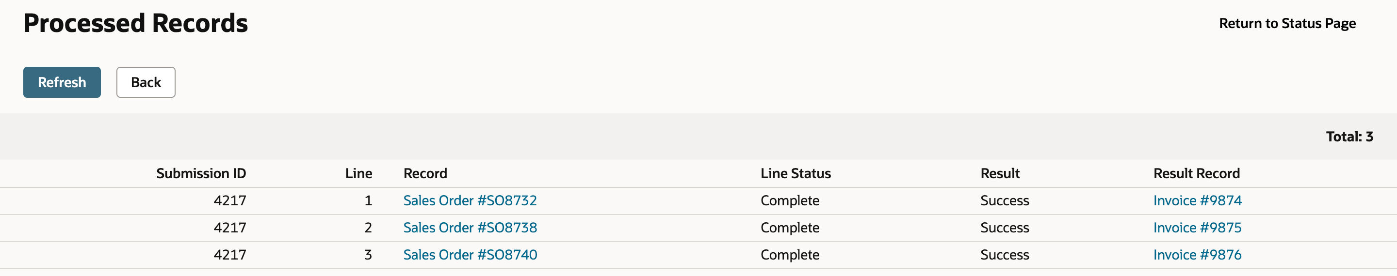 Processed Records for submission 4217: Sales Order #SO8732, #SO8738 and #SO8740 each Complete with Result Success and Result Records Invoice #9874, #9875 and #9876