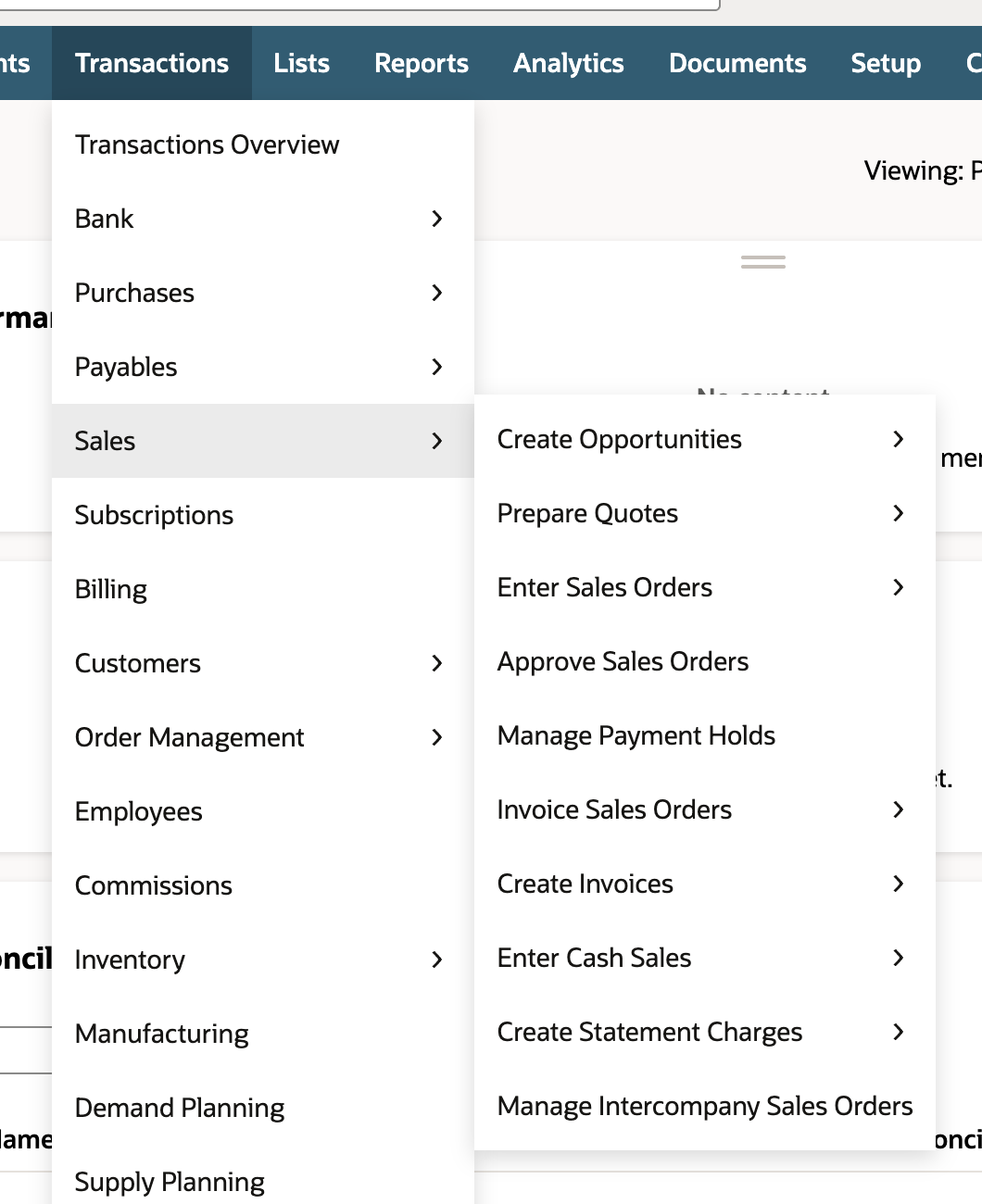 Transactions menu open on Sales, with Invoice Sales Orders between Manage Payment Holds and Create Invoices