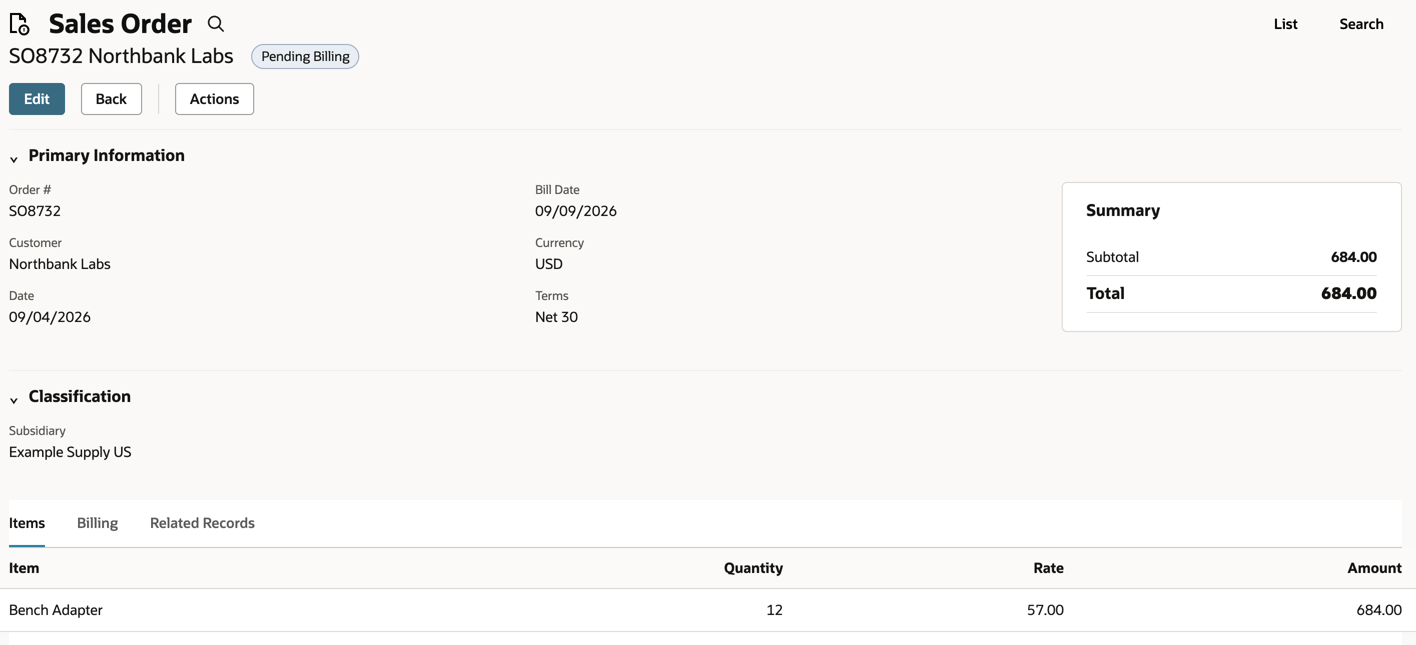 Sales order SO8732 Northbank Labs in Pending Billing status with a Bench Adapter line of quantity 12, rate 57.00, amount 684.00 and a Summary total of 684.00