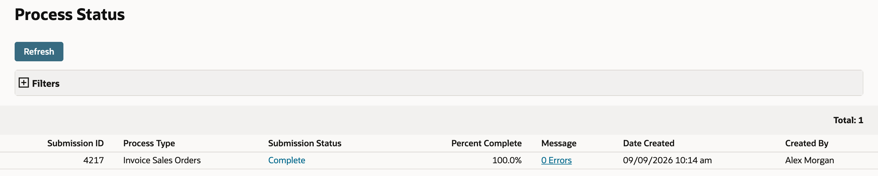 Process Status with submission 4217 Complete, 100.0%, Message 0 Errors