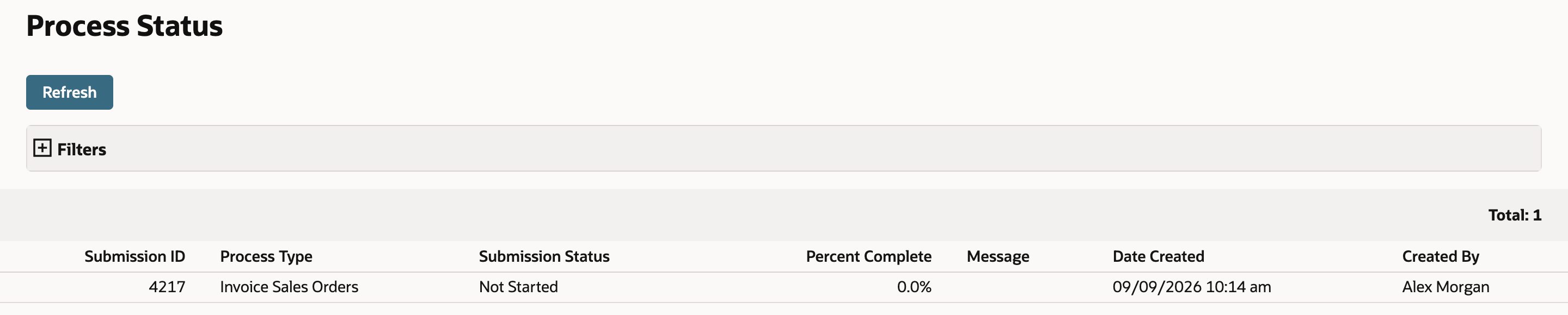 Process Status with submission 4217, Process Type Invoice Sales Orders, Submission Status Not Started and Percent Complete 0.0%